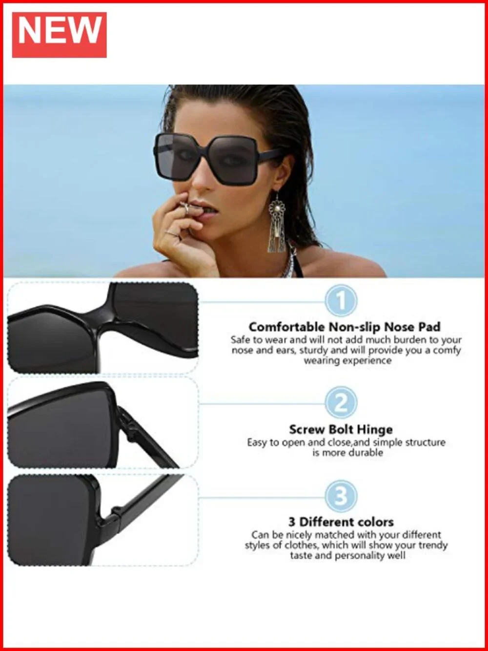 3 Pairs Retro Square Sunglasses Oversized UV Protection Polycarbonate Lens
